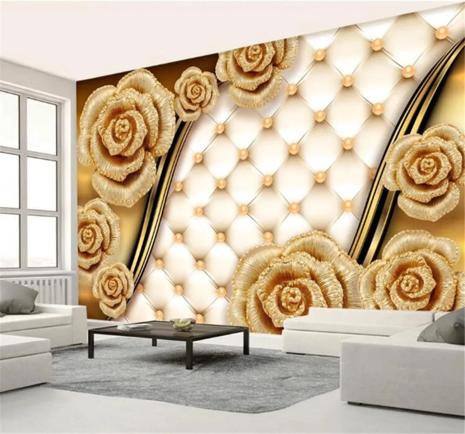 Tzxztt Three Dimensional Elegant Luxurious Golden Roses Upholstered Modern 3D Wallpaper Premium Textured Silk Neutral Tones Material Ideal for Living Room Bedroom-250cm×170cm