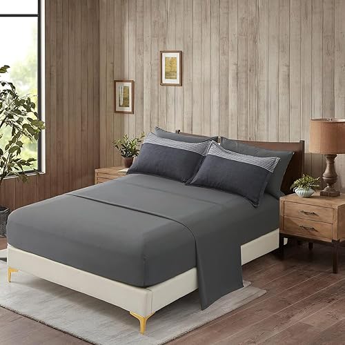 Miniatura 4 de Anibedding - Juego de 7 piezas cama en una bolsa, edredón negro y gris tamaño full, juego de edredón de microfibra a rayas ligeras para dormitorio