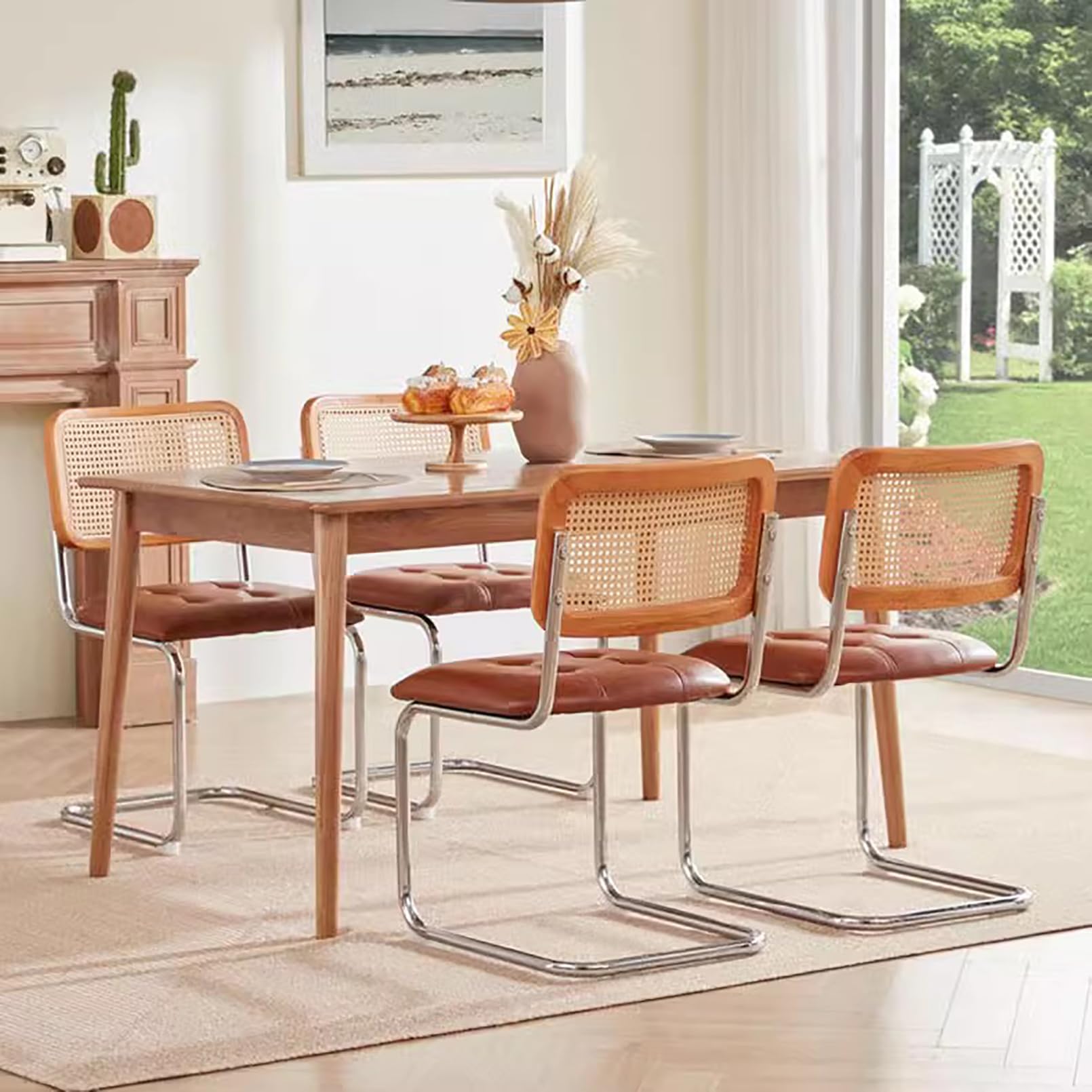 Set di 2 sedie da pranzo con schienale in rattan simulato e telaio in legno, Sedie da cucina stile mid century Naturale