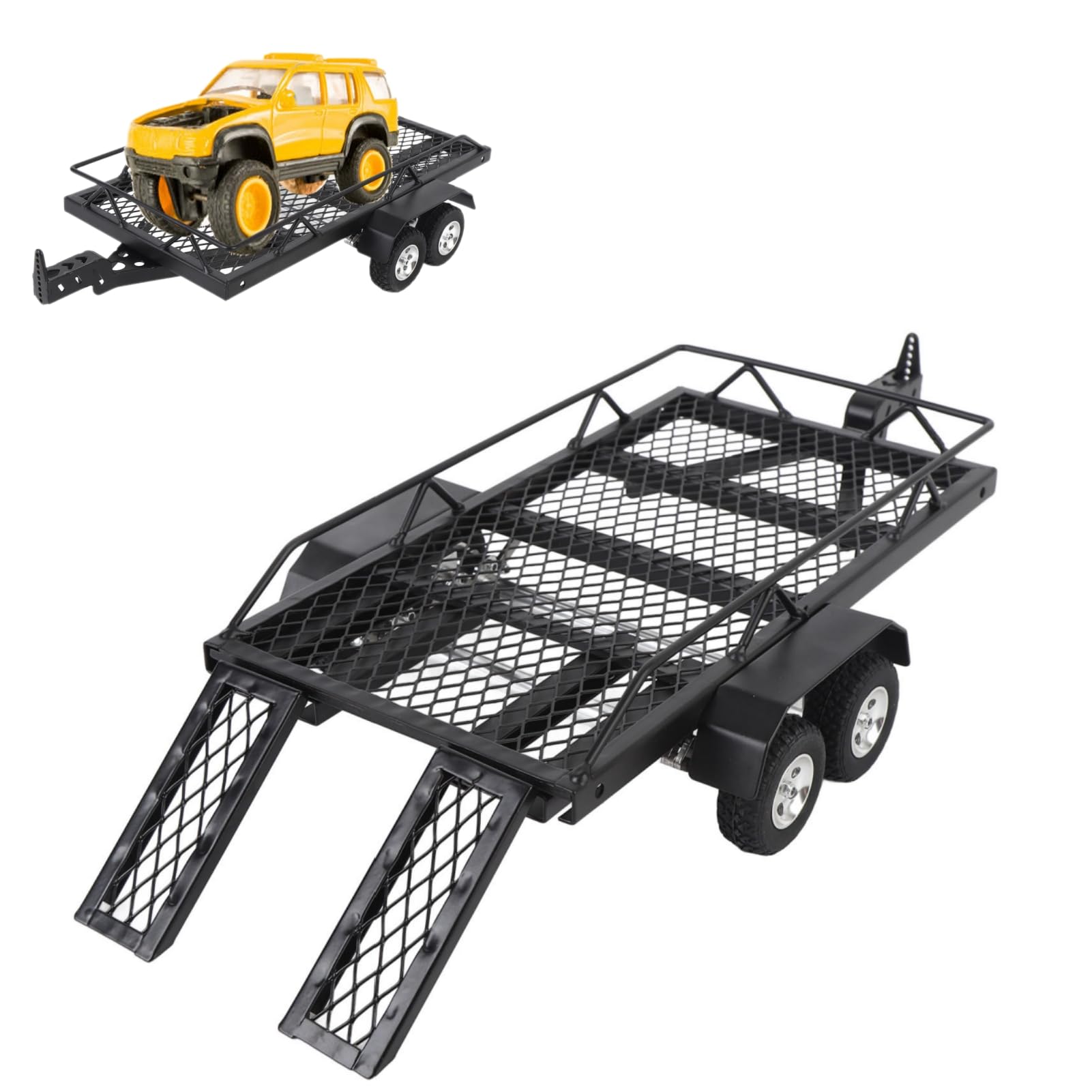 Przyczepa RC, Metalowa Przyczepa z platformą RC w Skali 1/24 do Ciągnięcia za Samochodem, Bagażnik na przyczepę z Hakiem i rampą, Wytrzymała Dwuosiowa Przyczepa Gąsienicowa RC