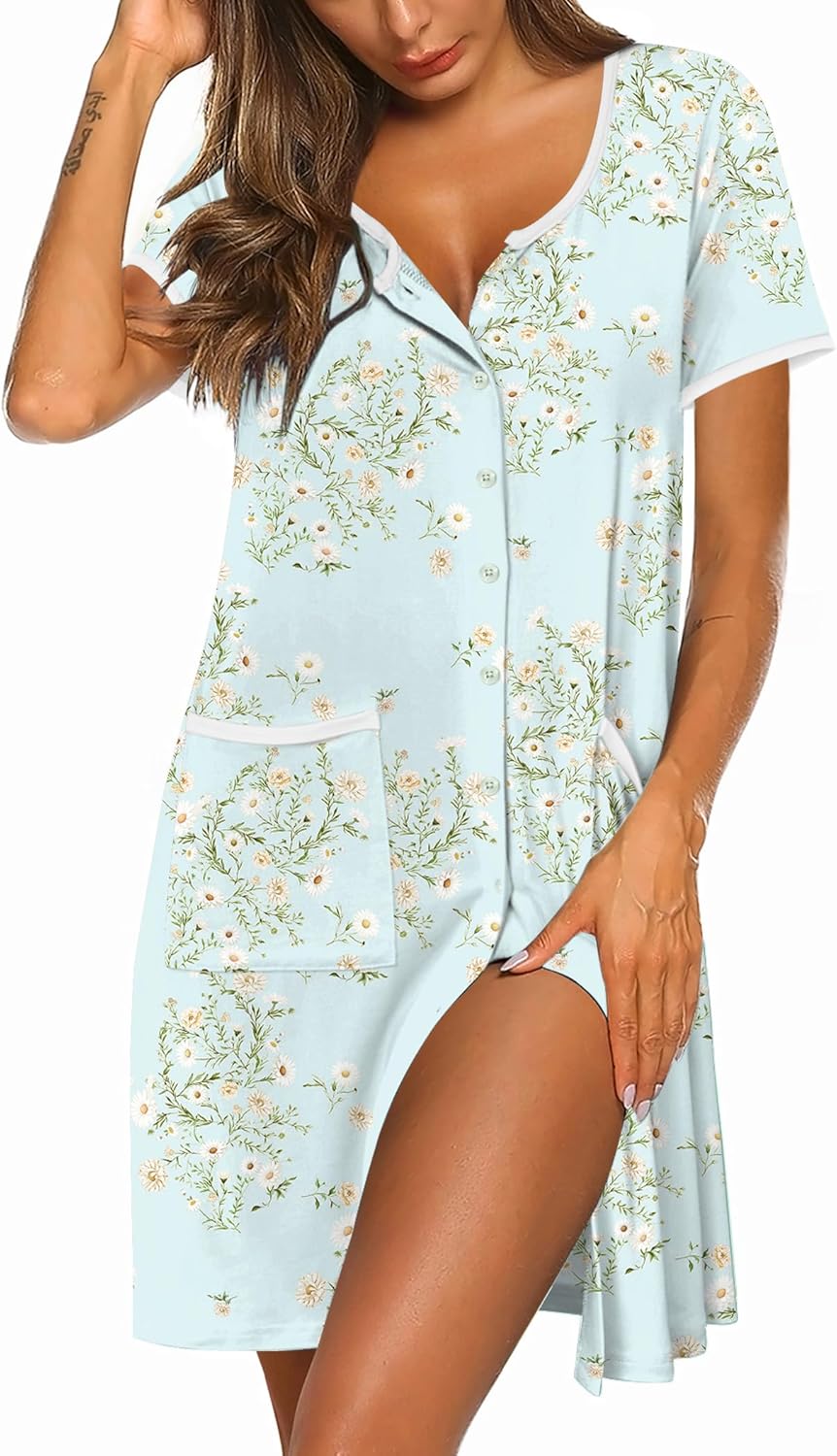 Ekouaer Nightgowns for Women Bamboo Viscose House Dress with Pockets Button Down Sleep Shirt Short Sleeve Nightshirts,Green Floral,Large