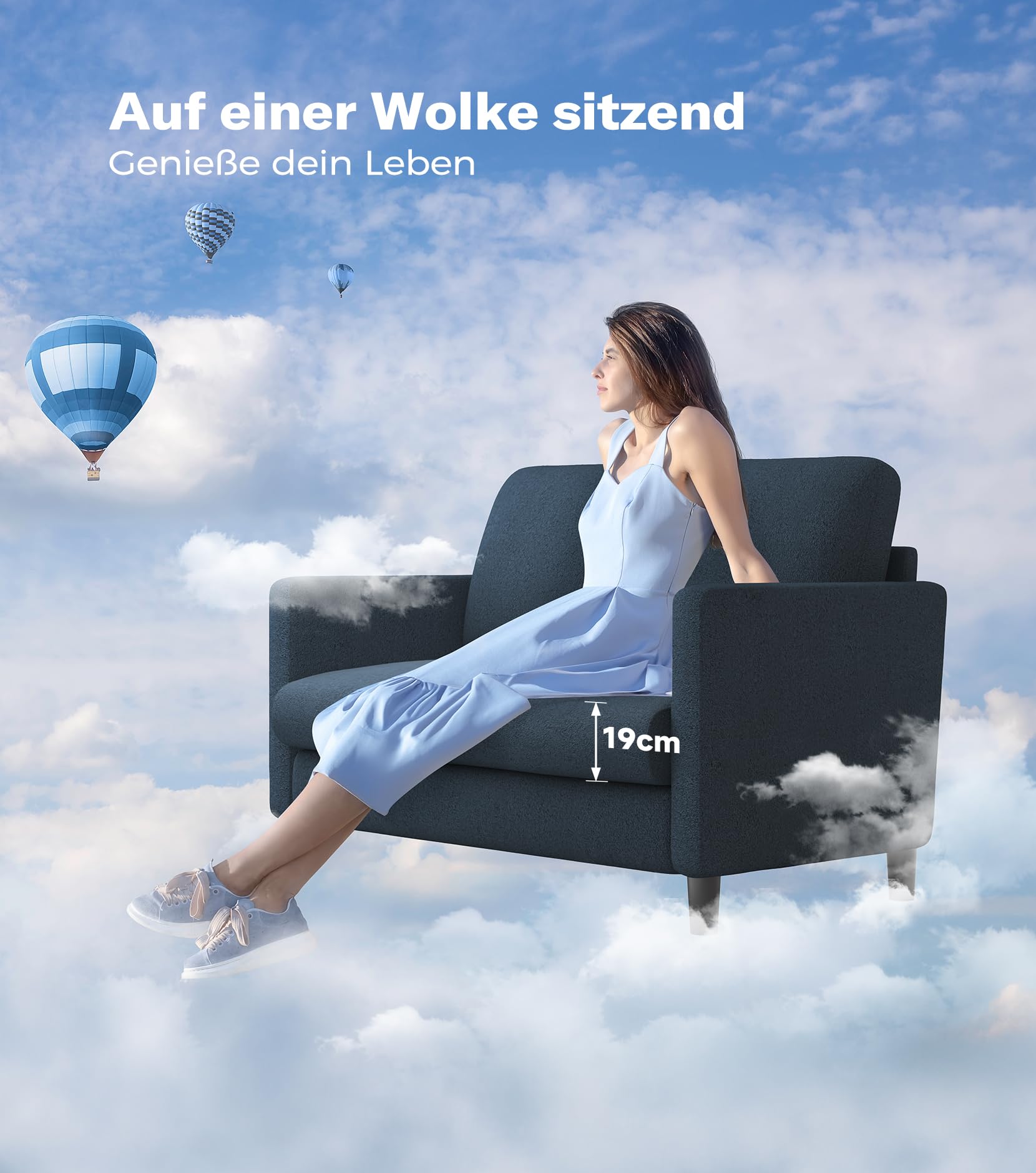 Sofa 2 Sitzer Klein, 130cm Mini Couch Klein, Gemütliches kleines Sofa für Jugendzimmer, Werkzeugfreies Aufstellen von Minisofa, 2er Sofas und Couchs aus Vollholz, Kleine Sofas Wohnzimmer, Blau Grau