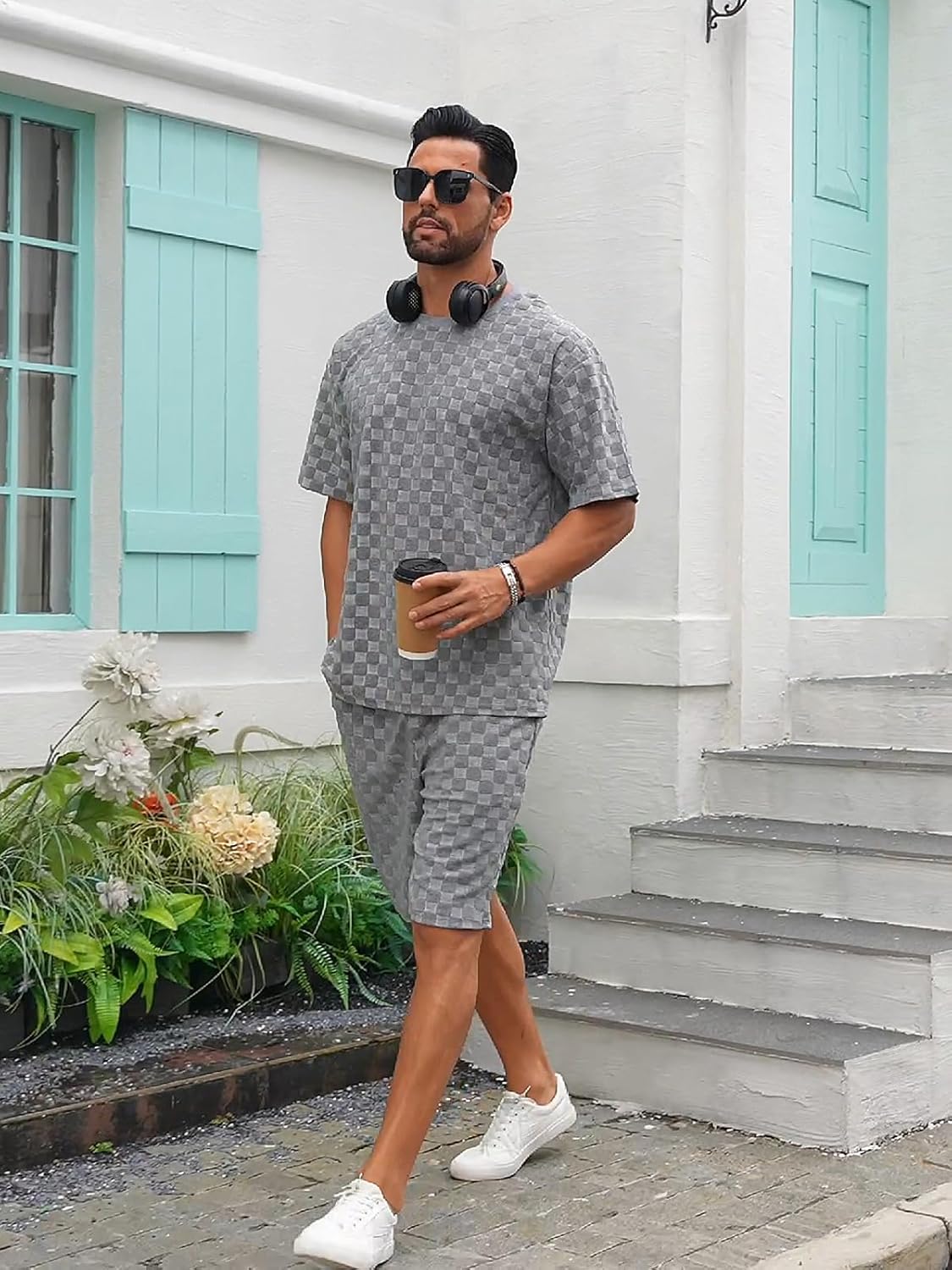 Men's 2 Piece Set Summer Outfits Casual Geometric Texture Short Sleeve Shirt and Shorts Track Suits for Men Set