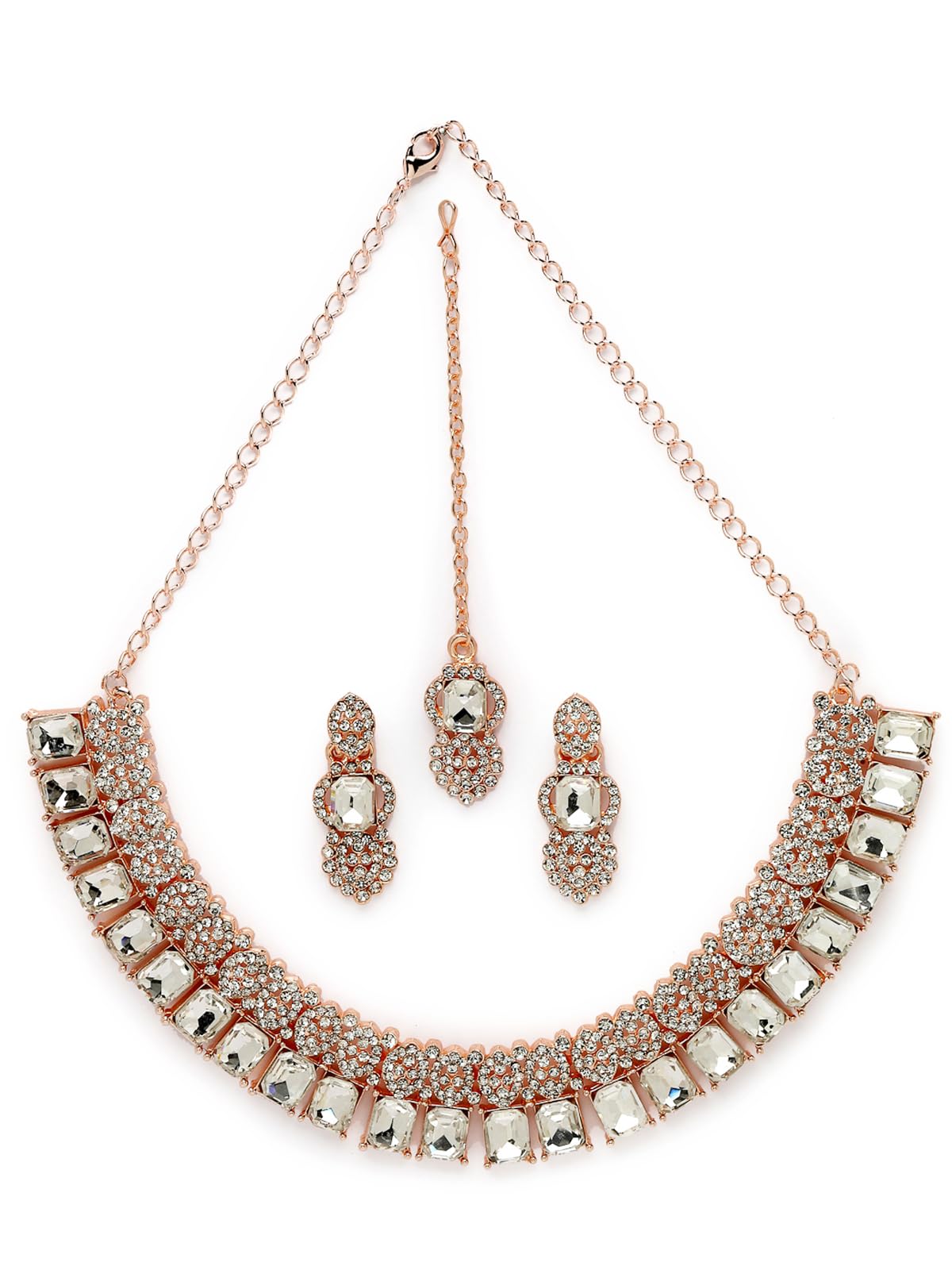 Sukkhi Tasteful Rose Gold AD White Stones Collar Bone Necklace Set With Earring And Maangtika | Jewellery Set For Women (NS105619) (B0CBBCDBLY) Amazon Price History, Amazon Price Tracker