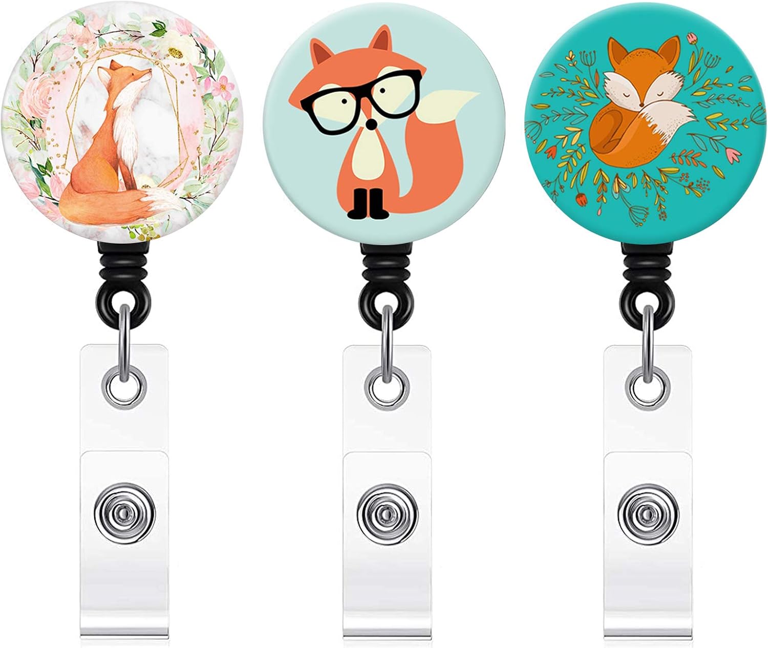 Badge Reel, 3 Pcs Cute Fox Series Retractable ID Card Badge Holder with Alligator Clip, Name Decorative Badge Reel Clip on Card Holders for Cute Girls,Women, Nurse, Teacher, Student, Volunteer