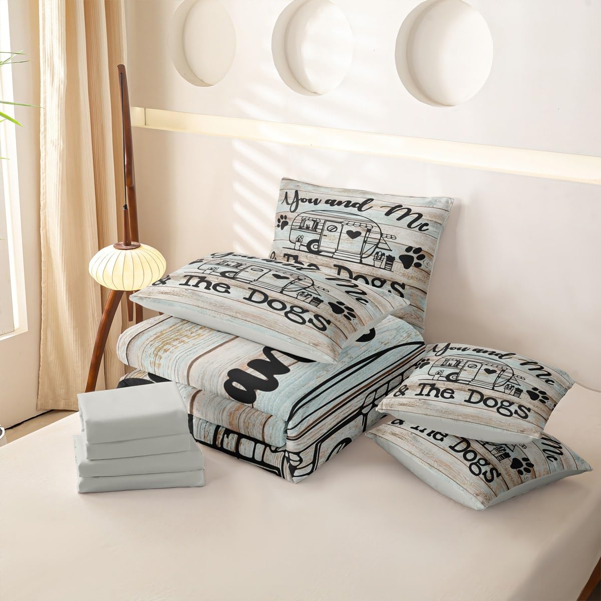 Loussiesd Juego completo de ropa de cama de 7 piezas con funda de edredón, sábanas, fundas de almohada, fundas de cojín, decoración de dormitorio, colcha transpirable para todas las estaciones