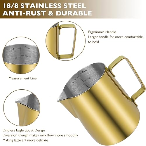 Miniatura 4 de CAMKYDE Jarra de espuma de leche de acero inoxidable de 12 onzas, jarra al vapor con bolígrafo decorativo para máquinas de espresso, capuchino, arte