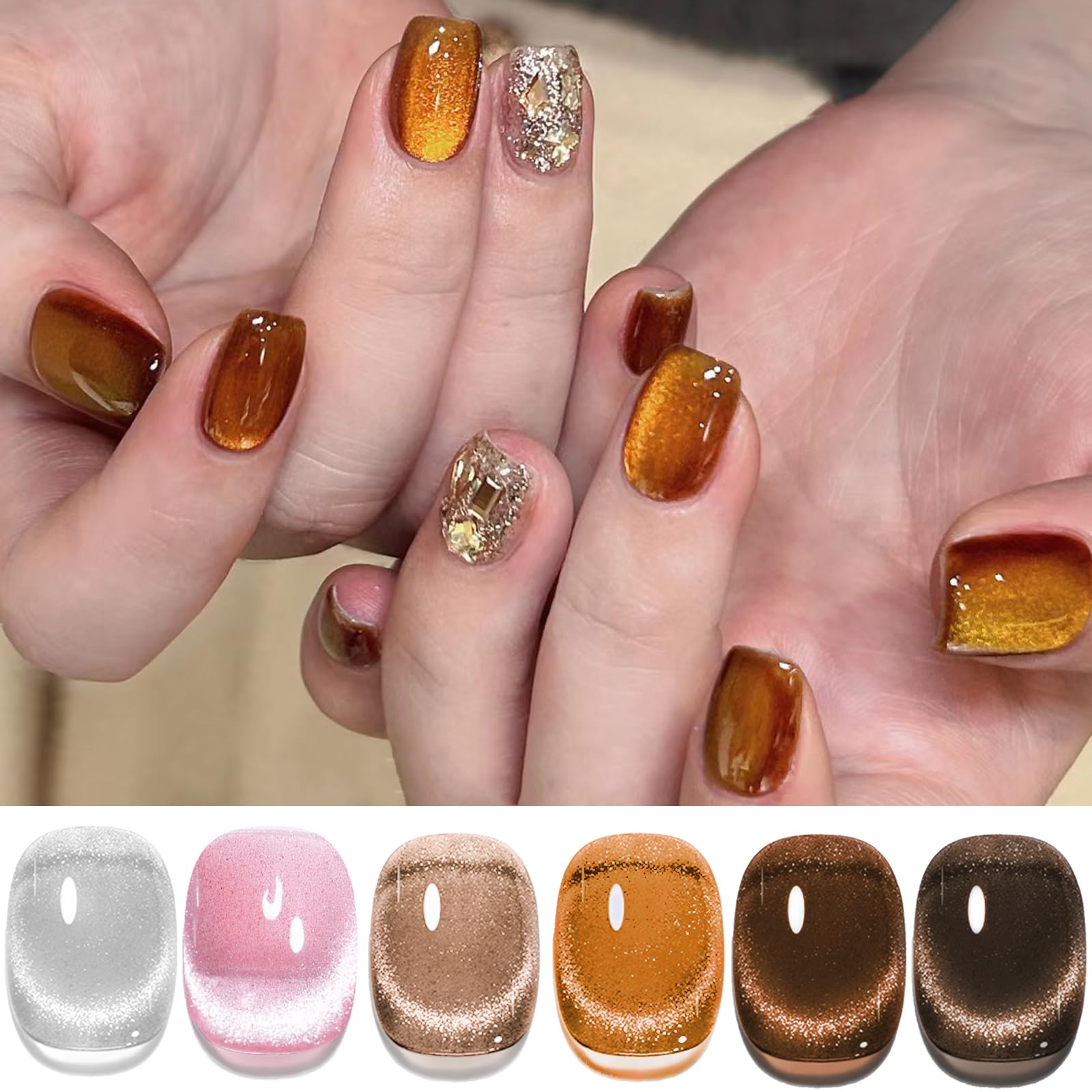 AHAMIOU Crystal Cat Eye Gel Polish Kits Magnetic Nail Polish Set Holographic Cats Eyes Gel Nail Polish Shiny Diamond Glitter Gel with Magnet Stick,#38