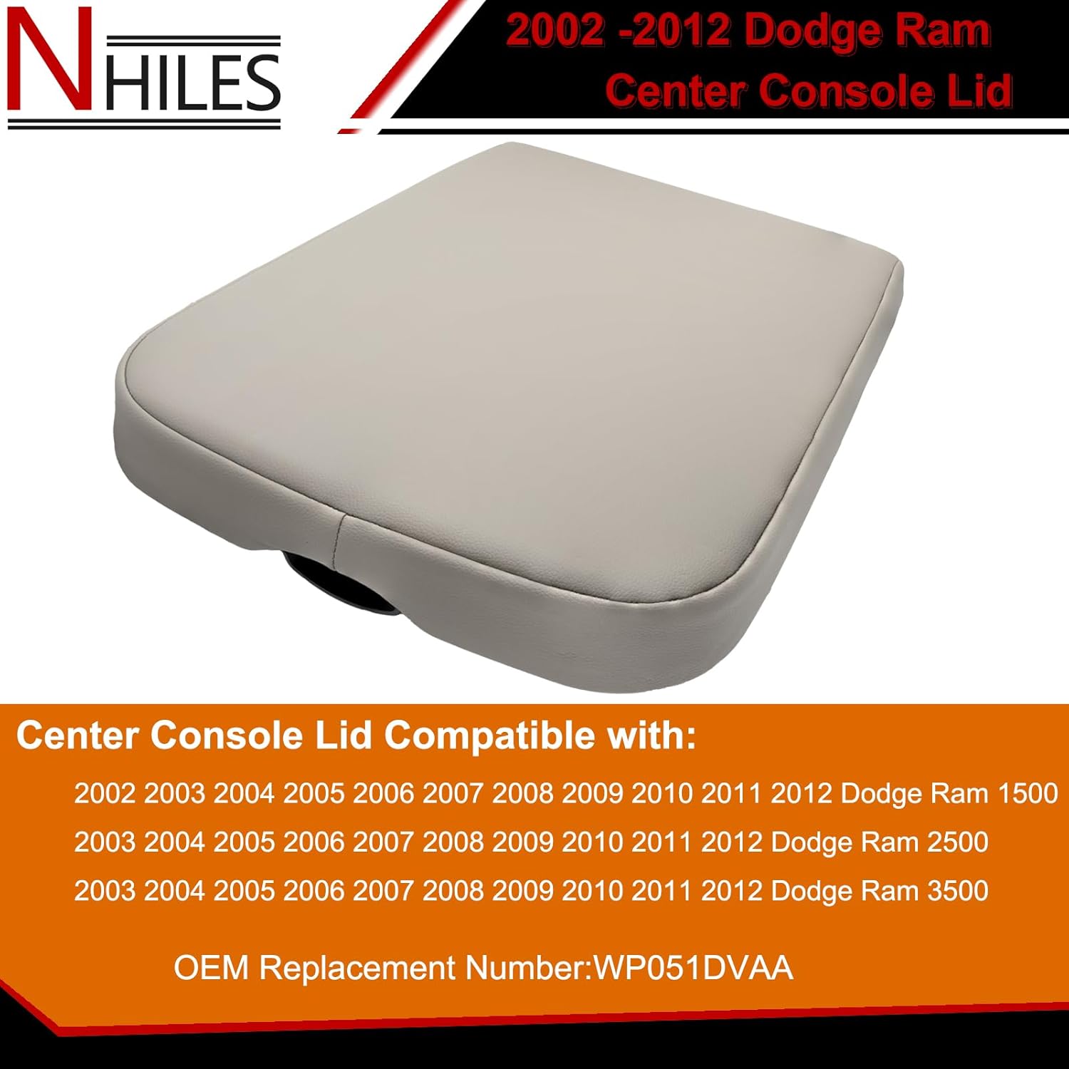 NHILES Center Console Cover Replacement Compatible with 2002 2003 2004 2005 2006 2007 2008 2009 2010 2011 2012 Dodge Ram Armrest Bin Lid Replace Part # WP051DVAA Color Gray
