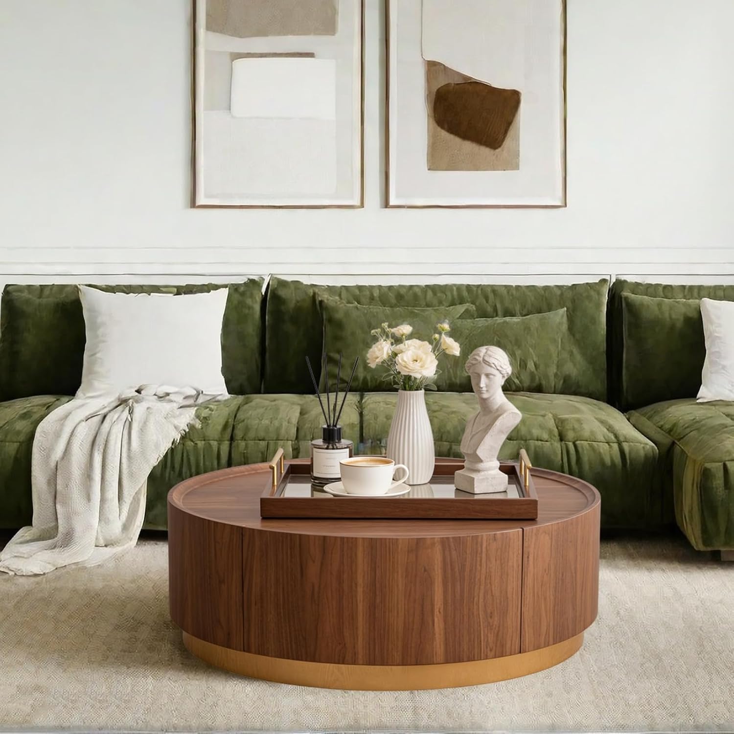 35.4" Round Coffee Table with Storage, Mid Century Modern Coffee Table with Hidden Drawer, Wooden Circle Center Tables, Drum Accent Tea Tables for Living Room Small Spaces (Walnut with Drawer)