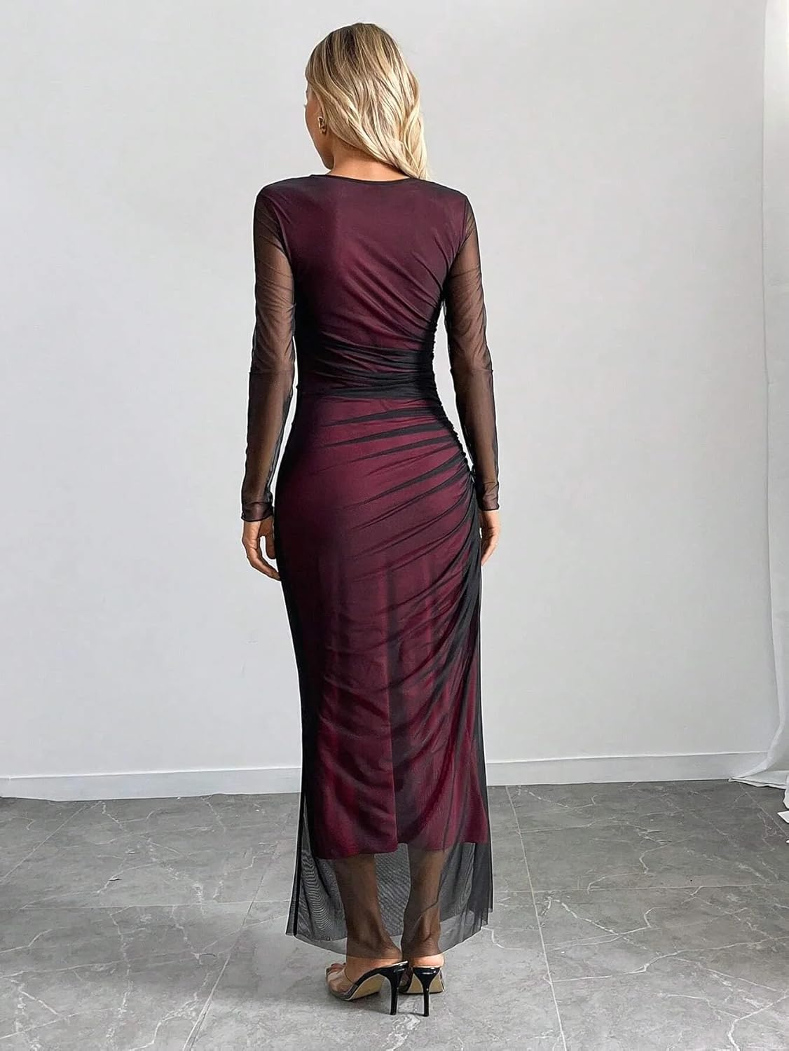 MOEENCN Women Sheer Mesh Maxi Dress Long Sleeve Bodycon Birthday Outfits Ruched Tie Dye Cocktail Club Party Dresses - Image 4