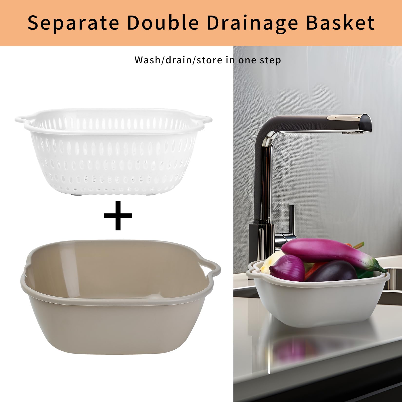Set 2 Colini Da Lavello + Raschietto - Scolapasta Multiuso In Plastica Per Frutta E Verdura
