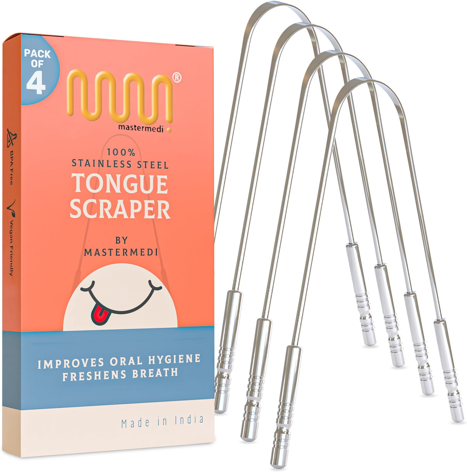 MasterMedi Tongue Cleaner Tongue Scraper Surgical Grade Stainless Steel Tongue Brush Dental Kit Professional Eliminate Bad Breath With Non-synthetic Grip (Family Pack (4 pcs)