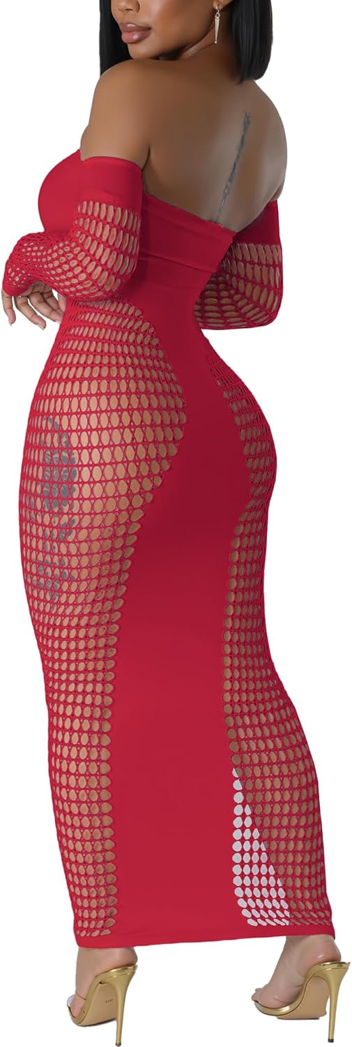 Women's Dress Sexy Club Dress Elegant Long Sleeve Off Shoulder Hollow Out Mesh Bodycon Party Dresses - Image 2