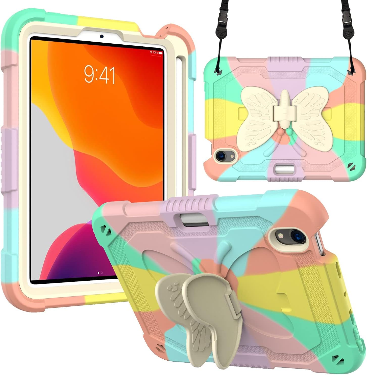 Compatible with iPad Mini 6 Case 8.3 inch 2021,iPad Mini 6th Generation Case for Kids Boy Girl Gift, Cute Butterfly Wings Kickstand Shockproof Silicone Cover for iPad Mini 6 8.3"-Colourful Rosegold