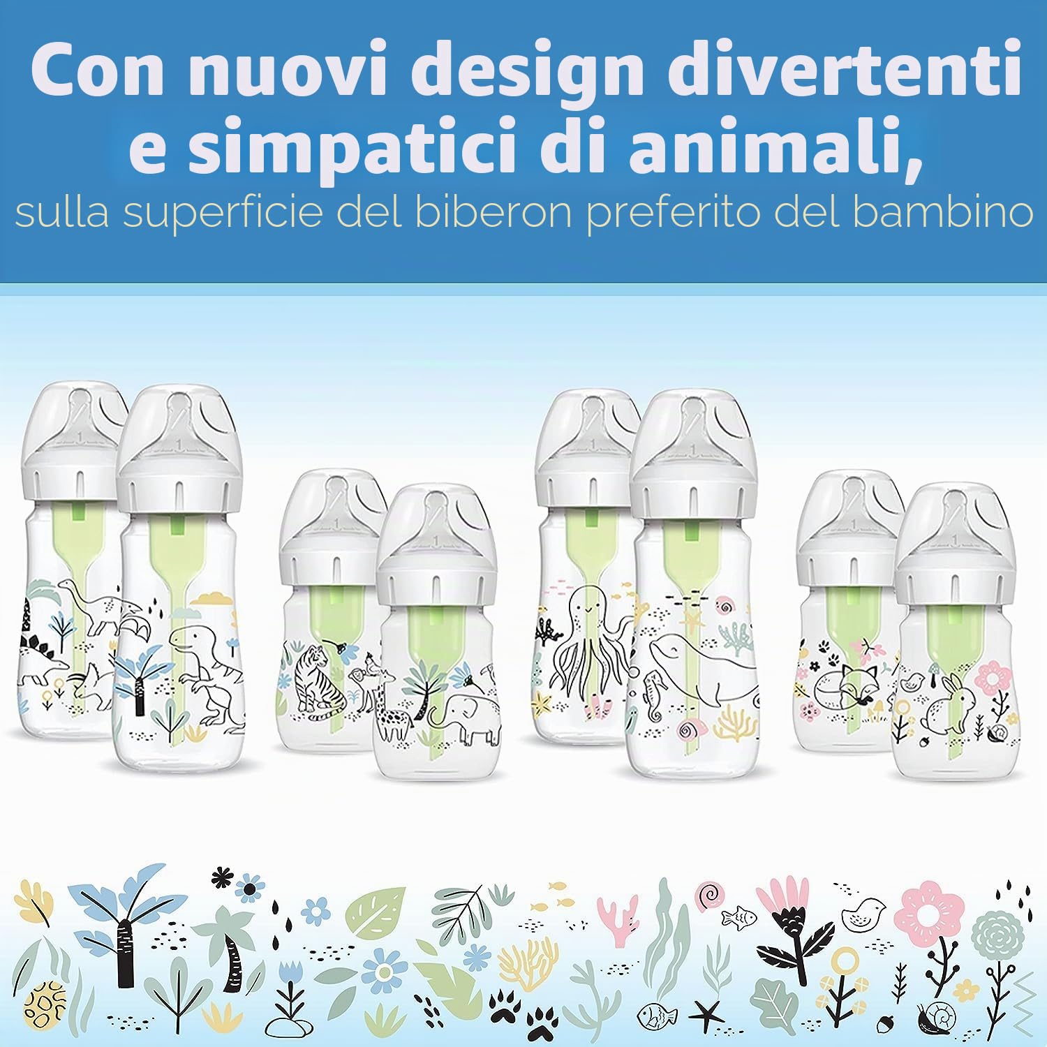 Dr. Brown's Natural Flow Anti-Colic Options+ - Biberon per bambini a collo largo, edizione di design, decorazioni giungla, 150 ml, capezzolo livello 1, confezione da 2, 0 m +