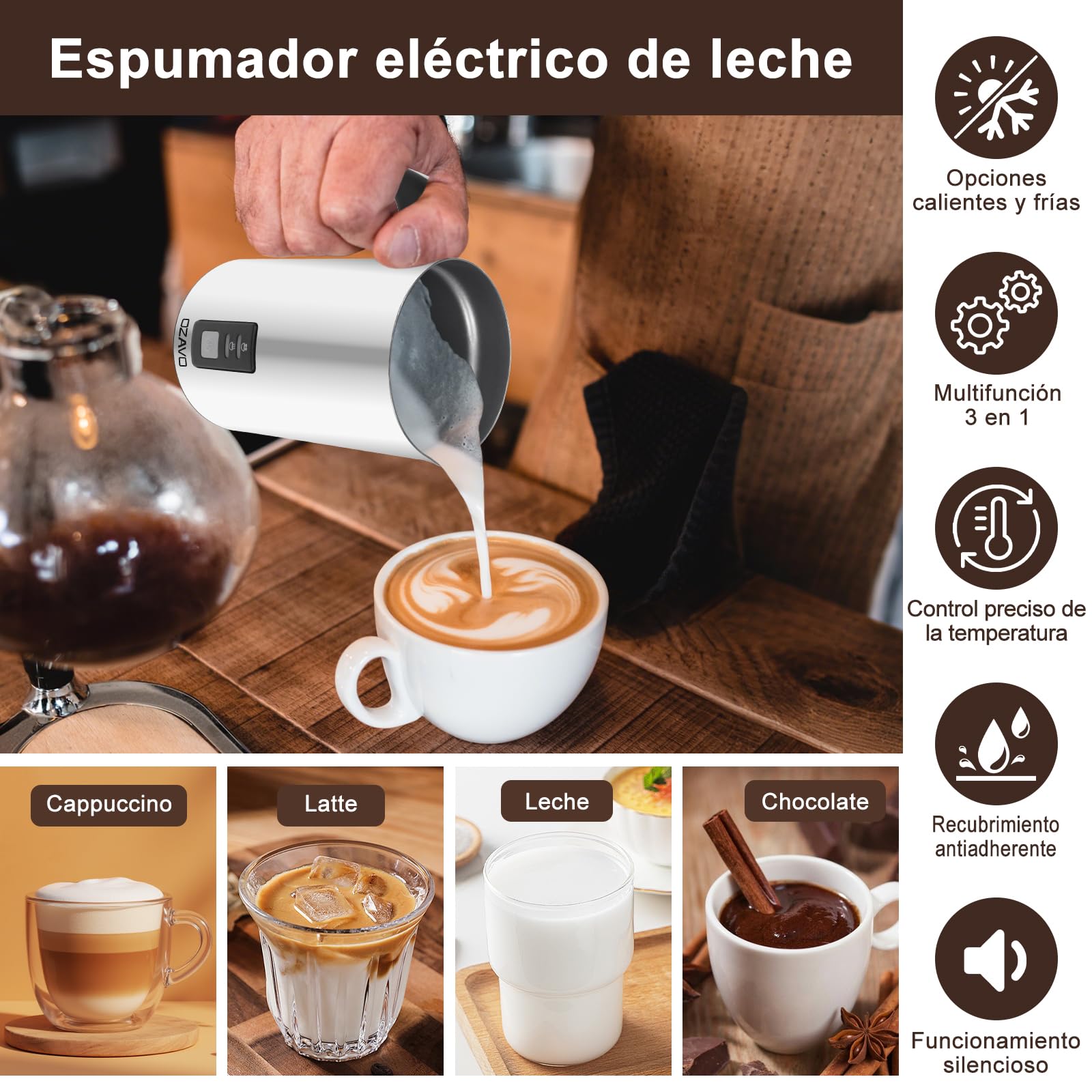 Espumador de Leche Automático Batidor de leche Eléctrico 500W Vaporizador y Calentador Leche 150ML/240ML Hace Espuma en Caliente/Frío, Protección Contra-sobrecalentar- 304 Acero Inoxidable