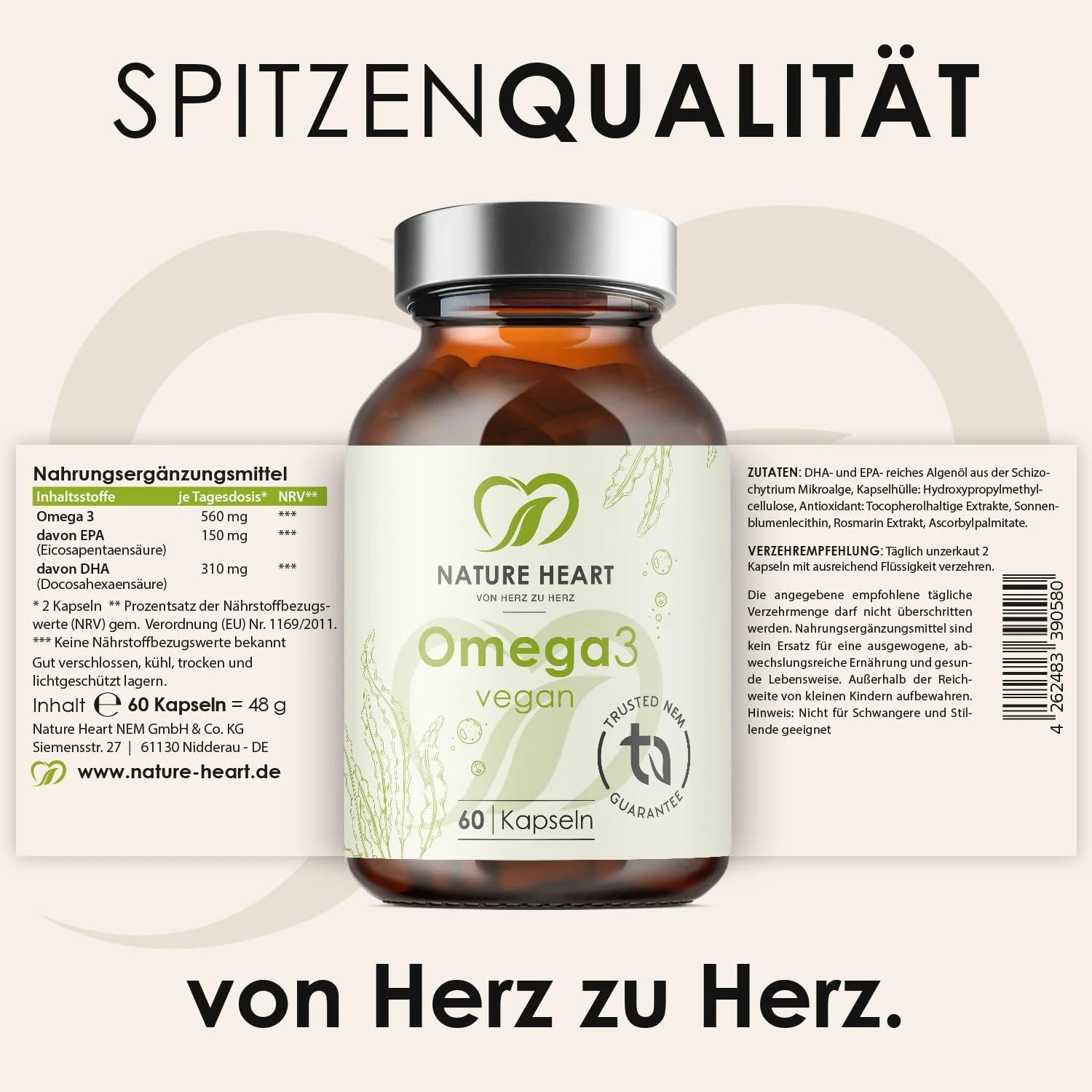 Nature Heart Omega 3 Kapseln – 60 Stück vegan aus Algenöl – DHA & EPA im 2:1-Verhältnis – hochdosiert, 100% vegan & fischfrei – für Herz, Gehirn & Sehkraft – schadstoffarm, ohne unnötige Zusatzstoffe