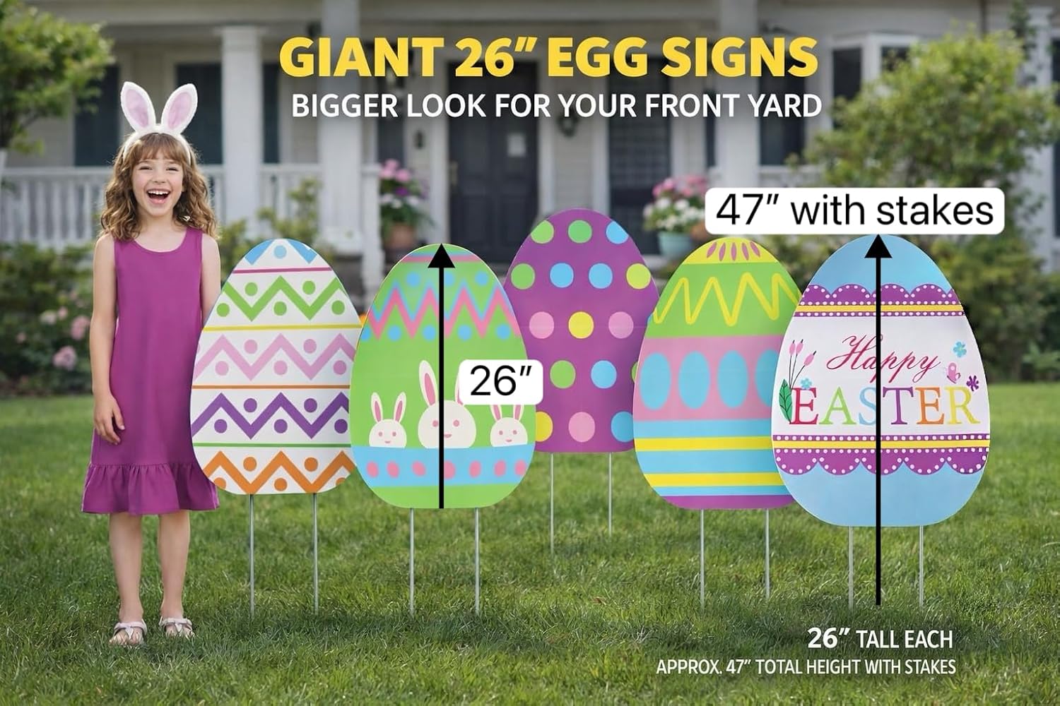 GIFTEXPRESS 6-Pack 26 Inch Giant Easter Egg Yard Sign - Large Yard Decorations with Metal Stakes - Egg Hunt Decor Spring Party Decor for Outdoor Lawns, Pathway or Walkway