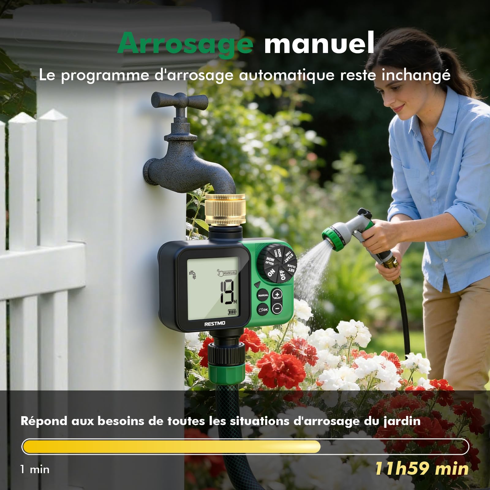 RESTMO Programmateur arrosage, Grand écran d'irrigation | Automatique/Manuel/Retard de Pluie (12/24/48/72H), minuterie d'arrosage pour Tuyau d'arrosage, Robinet extérieur, pelouse
