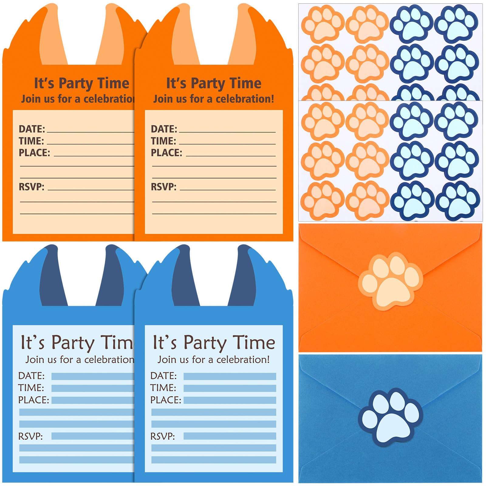 Honoson 24 Set Blue Dog Party Invitations Include 24 Blue Dog Birthday Invitations Cards 24 Playful Pup Themed Envelopes 24 Pup Paw Shaped Stickers for Baby Shower Birthday Pet Cartoon Theme Party
