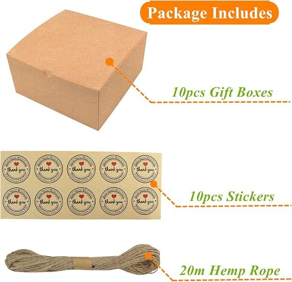 YankMooM 10 Pack Brown Kraft Gift Boxes, 20 x 20 x 10cm Large Present Boxes for Parties, Birthdays, Weddings, Holidays Gift Wrapping