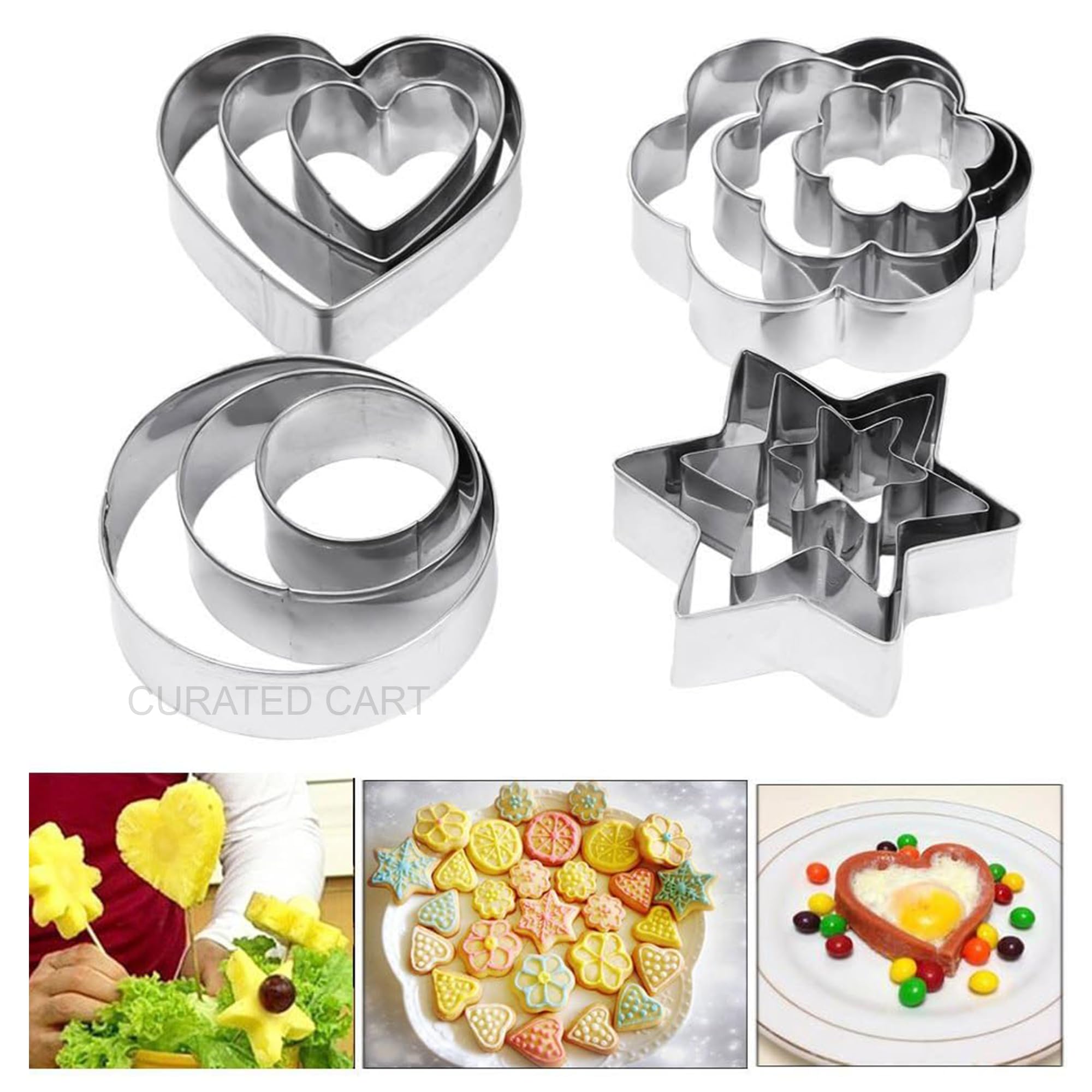 Curated Cart 12PCS Cookie Cutter Set - Stainless Steel Biscuit Molds for Cookies, Pastries, Sandwiches - Heart, Star, Round Shapes - Non-Stick, Durable, Perfect for Kids, Baking & Gifts
