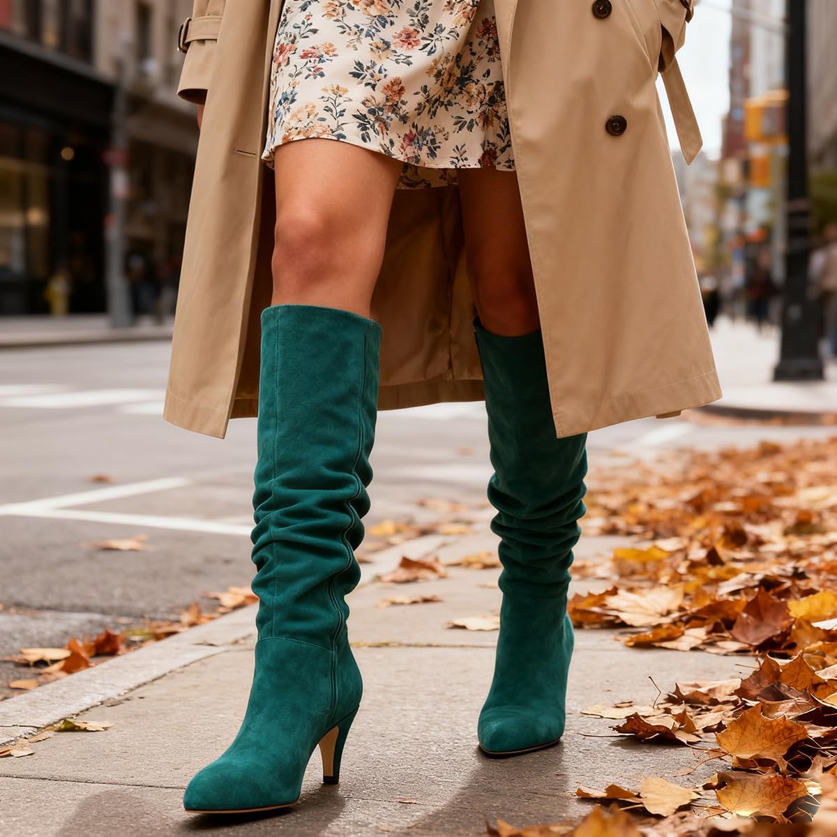 LEHOOR Women Low Kitten Heel Knee High Boots Pointed Toe Suede Slouch Dress Boots Pull On Short Heel Wide Calf 4-11 M US