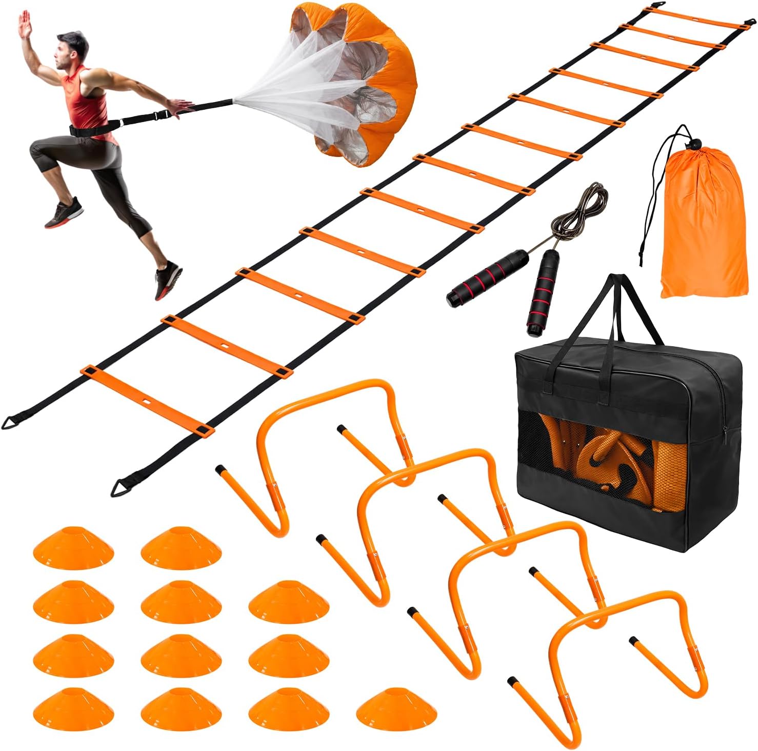 Soccer Agility Training Equipment Set, 20ft Speed Ladder, 12 Soccer Cones, 4 Hurdles, Running Parachute, Jump Rope, Basketball Football Soccer Training Equipment
