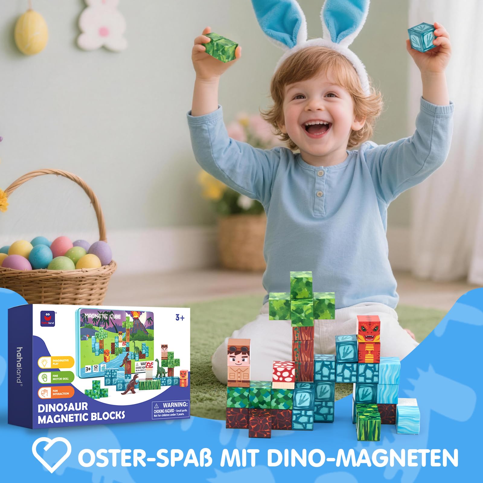 hahaland Mini Magnetische Bausteine ab 3 Jahre, A5 Reiseset mit 48 Magnetic Building Blocks & 2 Dino-Figuren, STEM Montessori Spielzeug ab 3-5 für Auto Unterwegs, Magnetbausteine ab 3 Jahre Geschenke