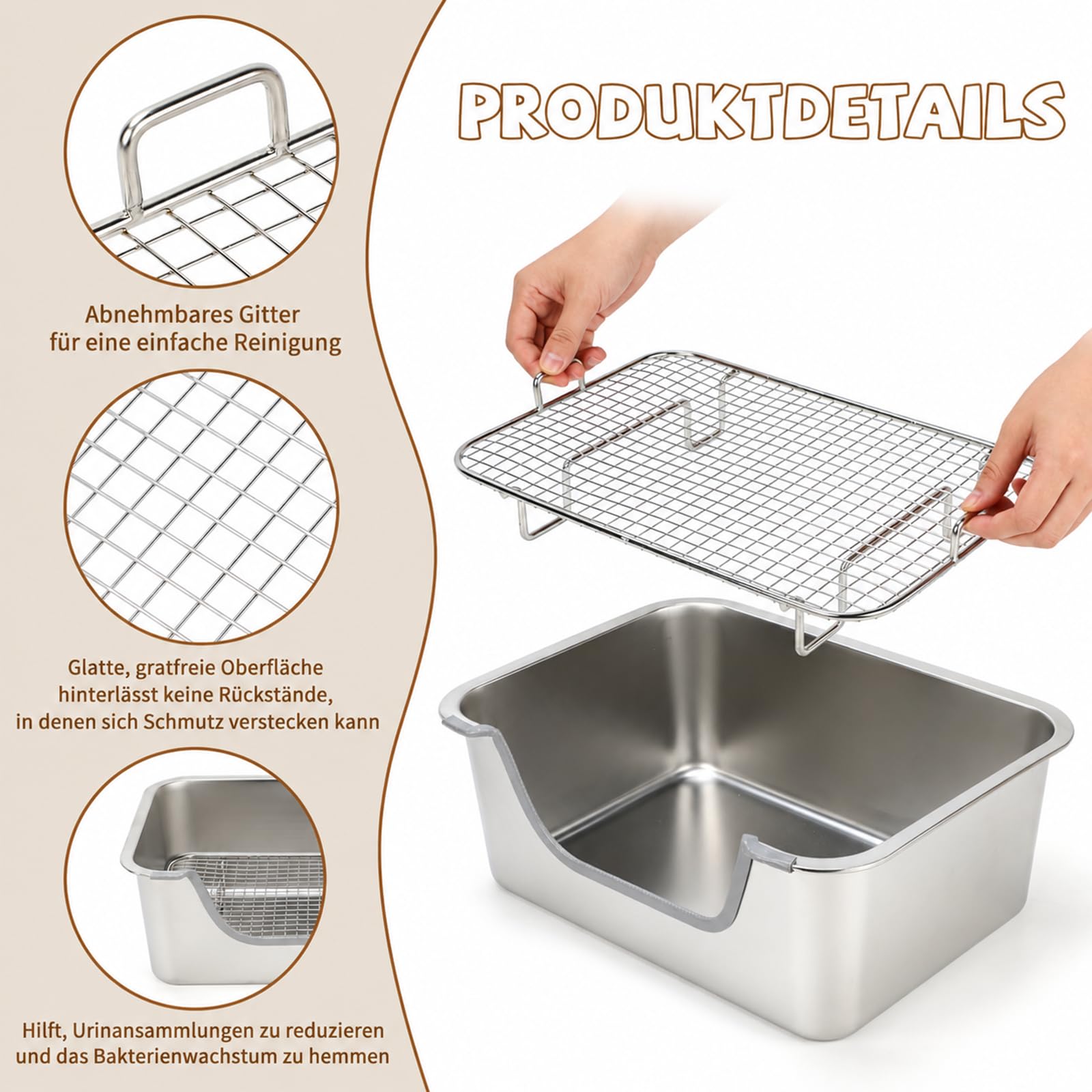 HYLYUN 4-in-1 Kaninchen Toilette Edelstahl Große 40x30cm, Komplettset mit Heuraufe, Wasserspender & Futternapf, Geruchsarm, Leicht zu Reinigen, Nagersicher, Hasen & Meerschweinchen Käfig Zubehör