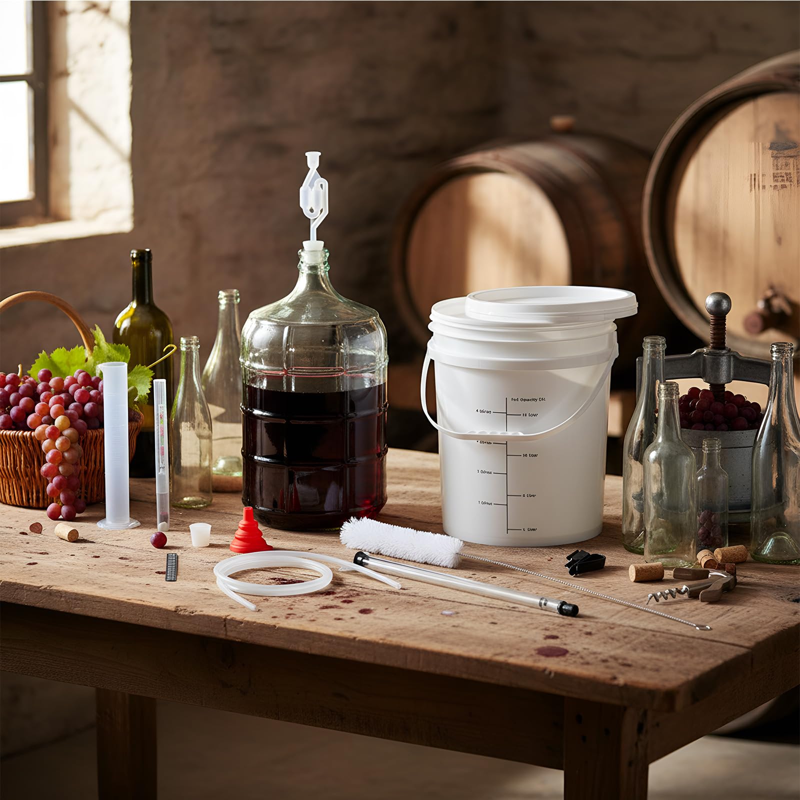 Ziliny El kit para hacer vino incluye Carboy de 5 galones, cubo y tapa de 6.5 galones, sifón automático, hidrómetro, probador de porcentaje de alcohol, relleno de botellas, cierre de aire, embudo de