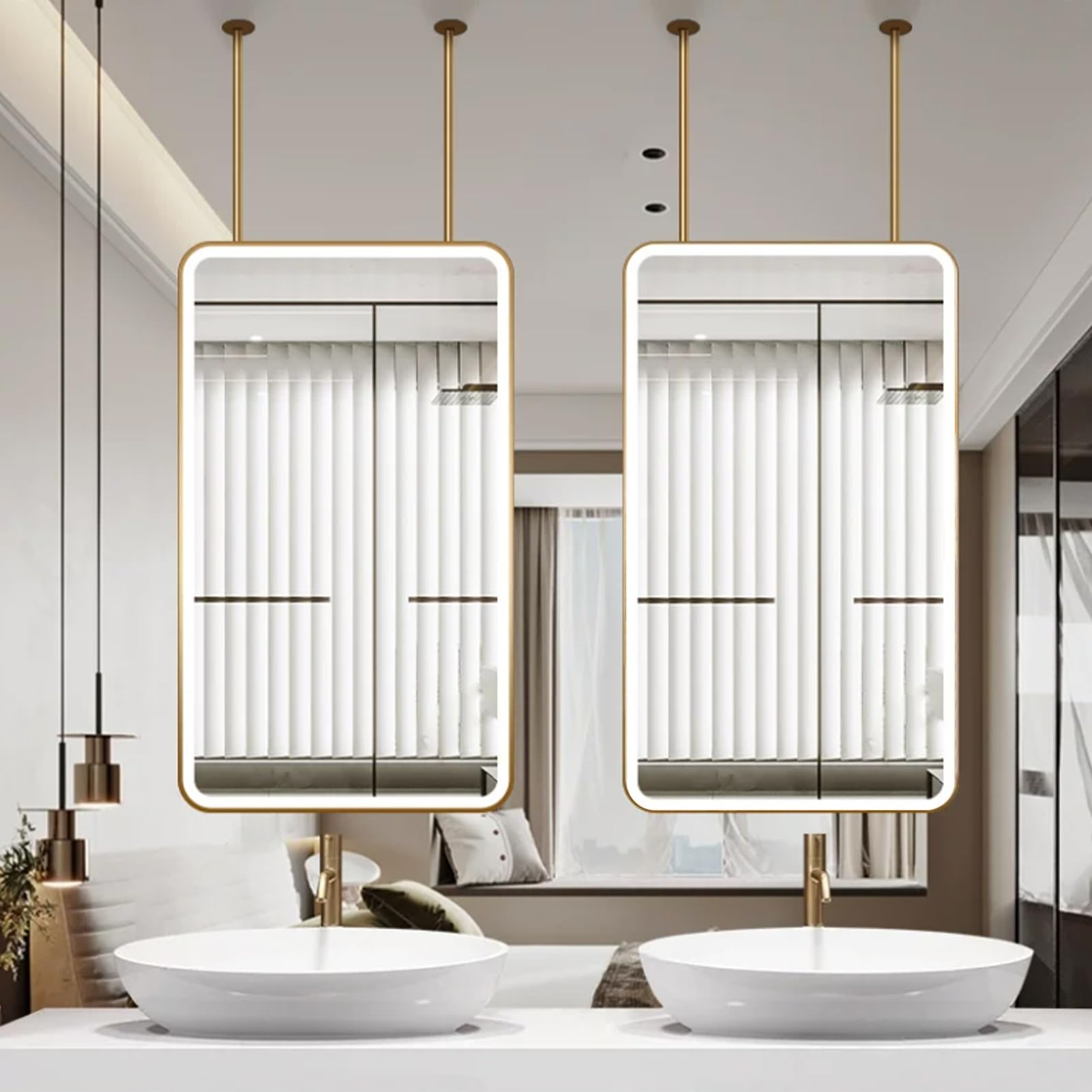 FGXHHS Ceiling Hanging Lighted Mirror，Rectangle LED For Over Sink，Gold Metal Pole Suspended Vanity Mirrors Floating Decorative Wall Mirrors，Customizable(40cmx60cm)