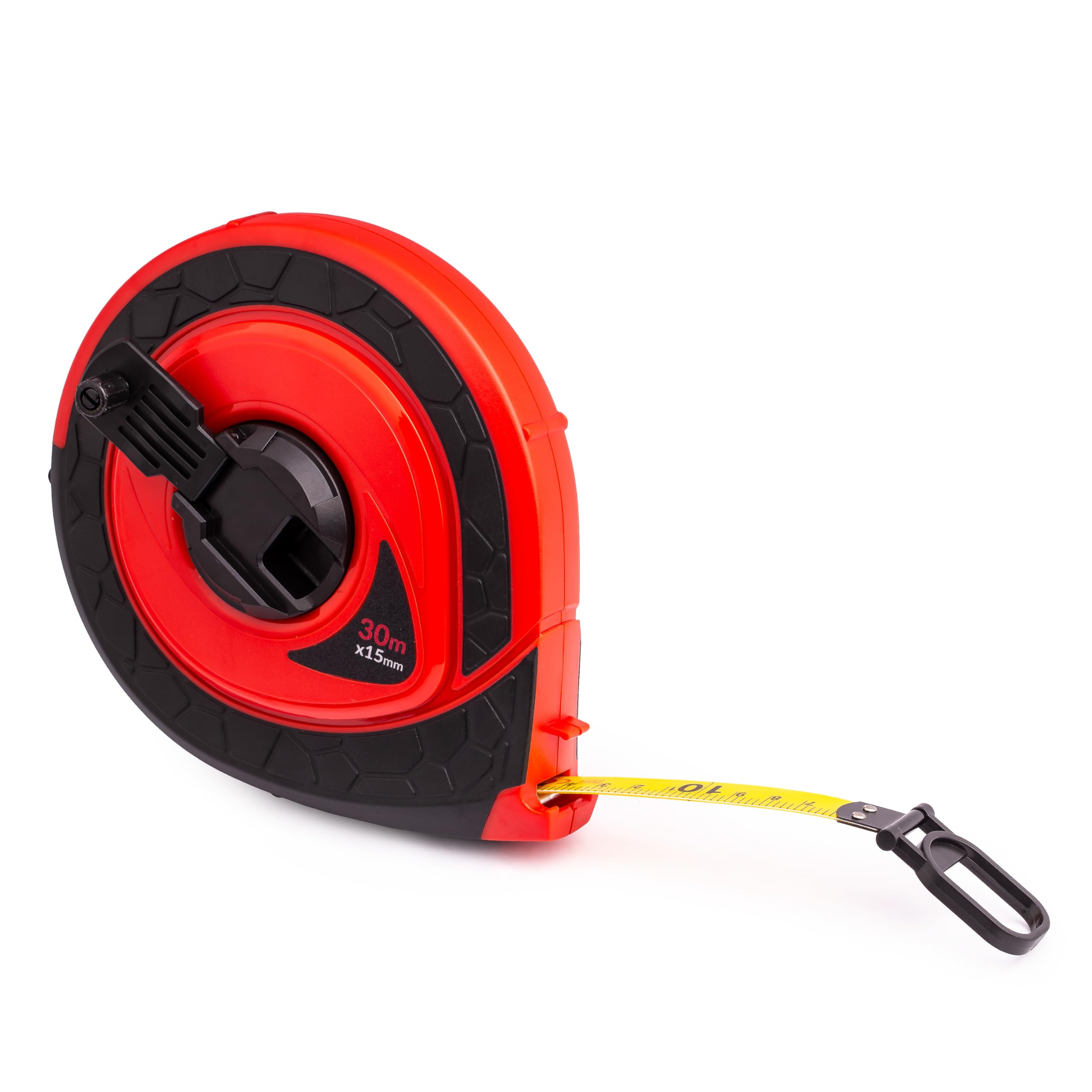 MIVOS Cinta métrica 30m - Cinta métrica robusta - Manivela plegable - Rollo metro - Fibra de vidrio - Retracción rápida de la cinta - Insertos engomados y antideslizantes - Carcasa de plástico ABS