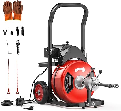 100Ft 3/4 Inch Cable Drain Cleaning Machine, 750W Auto Feed Portable Electric Sewer Snake, Electric Drain Auger with 6 Cutter Air-Activated Foot Switch for 4" to 8" Pipes