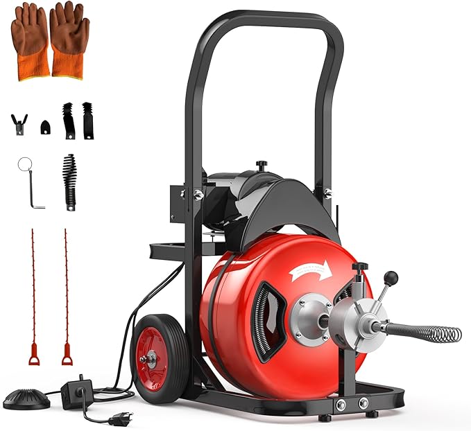 100Ft 3/4 Inch Cable Drain Cleaning Machine, 750W Auto Feed Portable Electric Sewer Snake, Electric Drain Auger with 6 Cutter Air-Activated Foot Switch for 4" to 8" Pipes