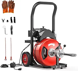 100Ft 3/4 Inch Cable Drain Cleaning Machine, 750W Auto Feed Portable Electric Sewer Snake, Electric Drain Auger with 6 Cutter Air-Activated Foot Switch for 4" to 8" Pipes