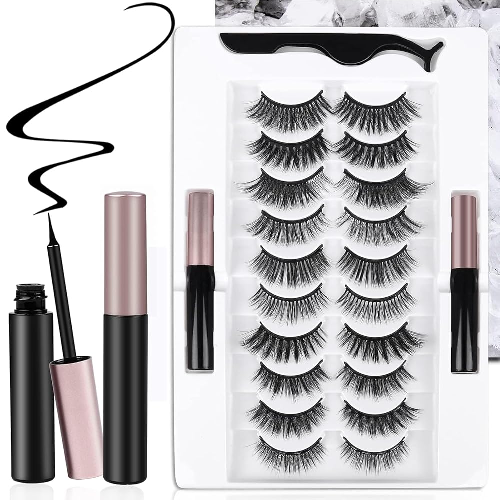 AROIC 10 Kinds of 3D 5D Magnetic Eyelash Kit with Different Density, Magnetic Eyelashes with 2 Eyelash Glue and 1 Tweezer, False Eyelashes for Women and Girls Natural Look No Glue Needed