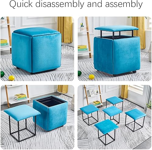 Miniatura 5 de WAYUTO Cubo de asiento 5 en 1 con ruedas giratorias, apilable para sofá, silla, taburete otomano anidable, reposapiés movible, silla de tocador para