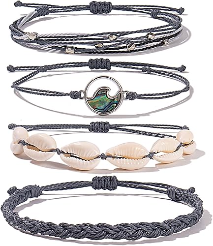 FANCY SHINY Pulseras de cuerda ondulada, trenzadas, Puka, conchas, pulseras hechas a mano, bonitas, de moda, bohemias, regalos de joyería para