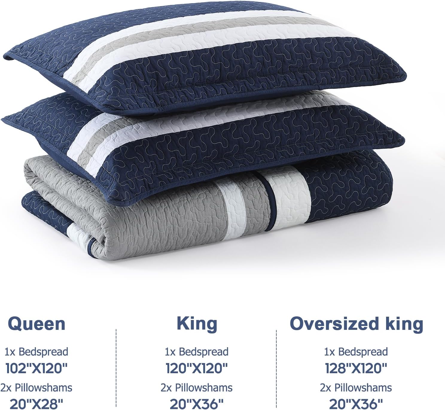 Finlonte Navy Oversized Queen Bedspread 102"x120" - 3 Pieces 100% Cotton Stripe Bedspread Coverlet Set, Lightweight Quilted Bed Spread, Modern Oversized Queen Quilt with 2 Pillowshams, Navy/Gray/White - Image 5