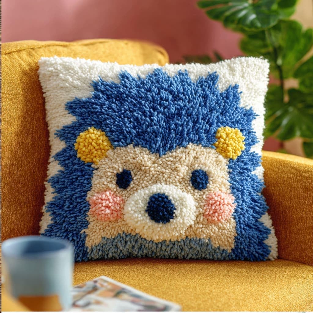 Taxpy Latch Hook Kits for Adults Beginners,Hedgehog Pre-Printed Latch Hook Pillow Kit,Craft Rug Making Kits,DIY Embroidery Cushion for Home Sofa Decor & Gift Idea 17X17 in.