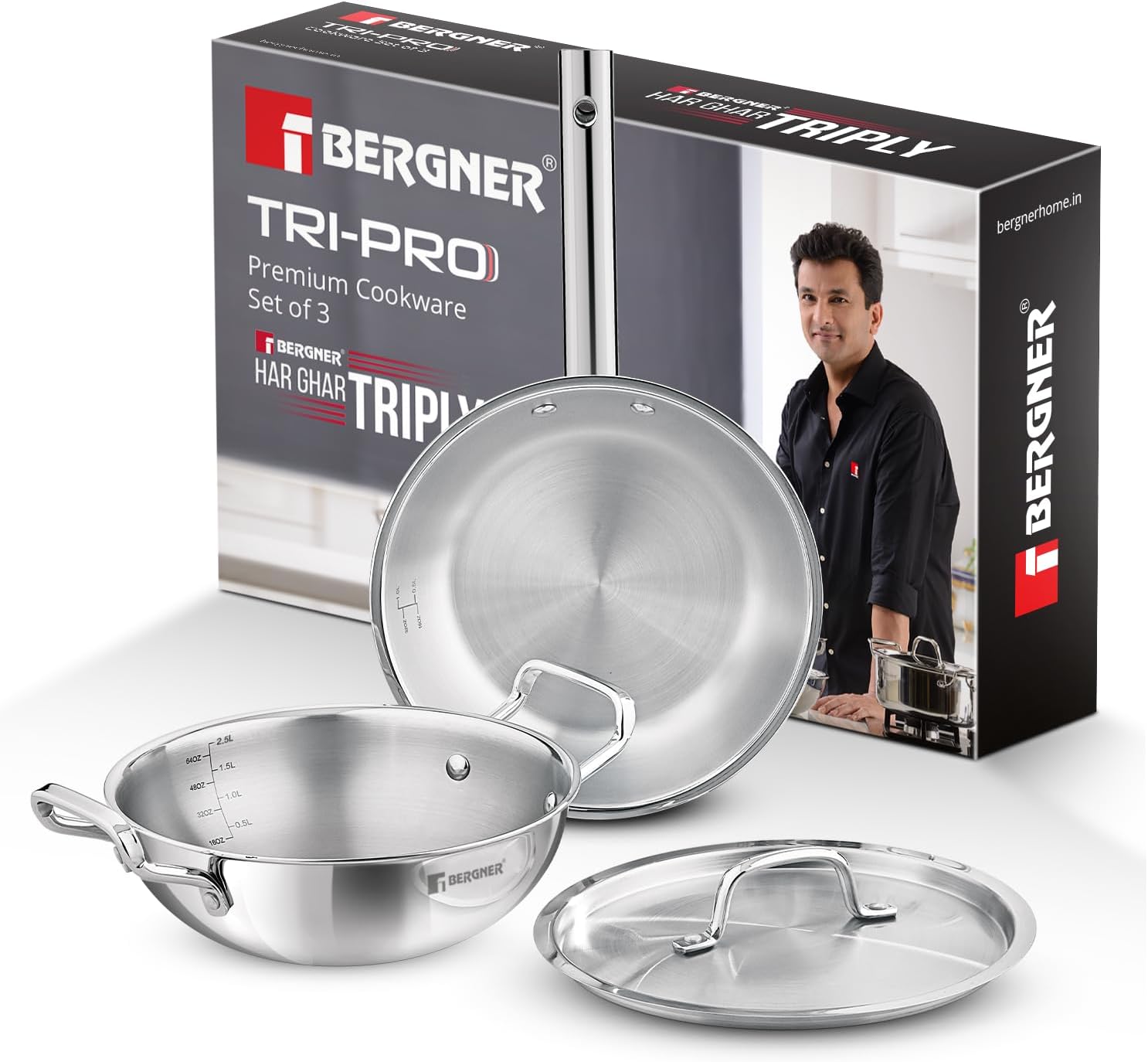 Bergner Tripro Triply Stainless Steel Cook and Serve Tasla/Tasra Kadai/Handleless Wok with Lid, 20 cm, 2.1 Litres, Flared Rim, Heavy Bottom, Induction and Gas Ready, Silver