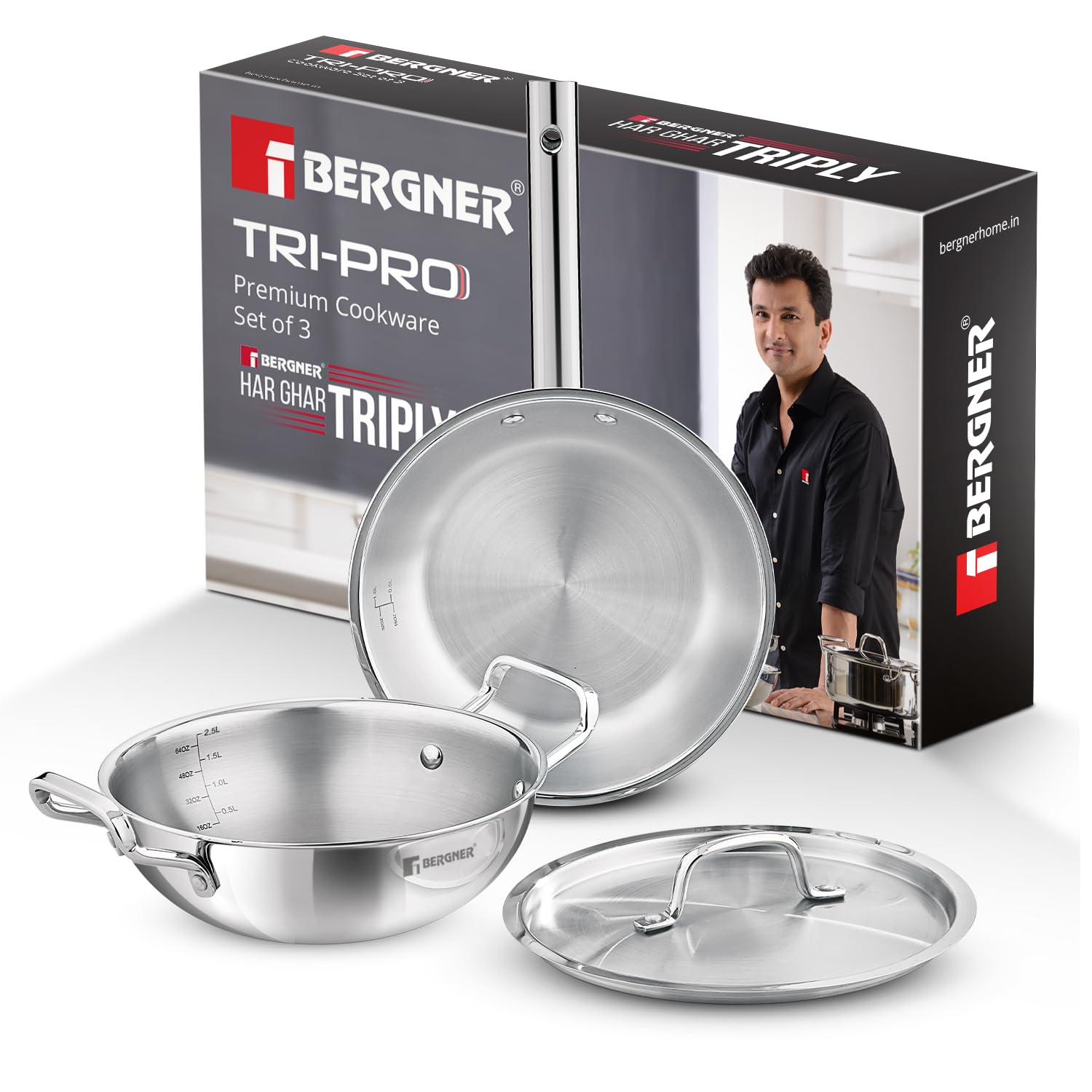 Bergner Tripro Triply 3 Pc Cookware Set, 24cm/3.1L Kadai, 22cm Fry Pan, 1X Stainless Steel Lid, Stay
