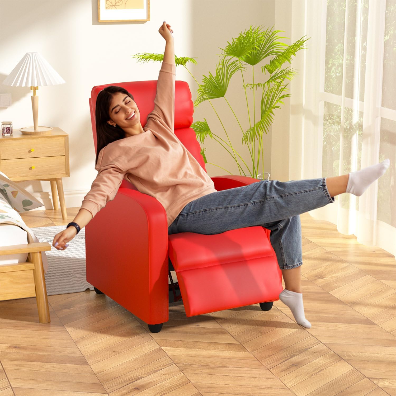 Red Pu Leather Recliner Chair with Remote Control for Living Room