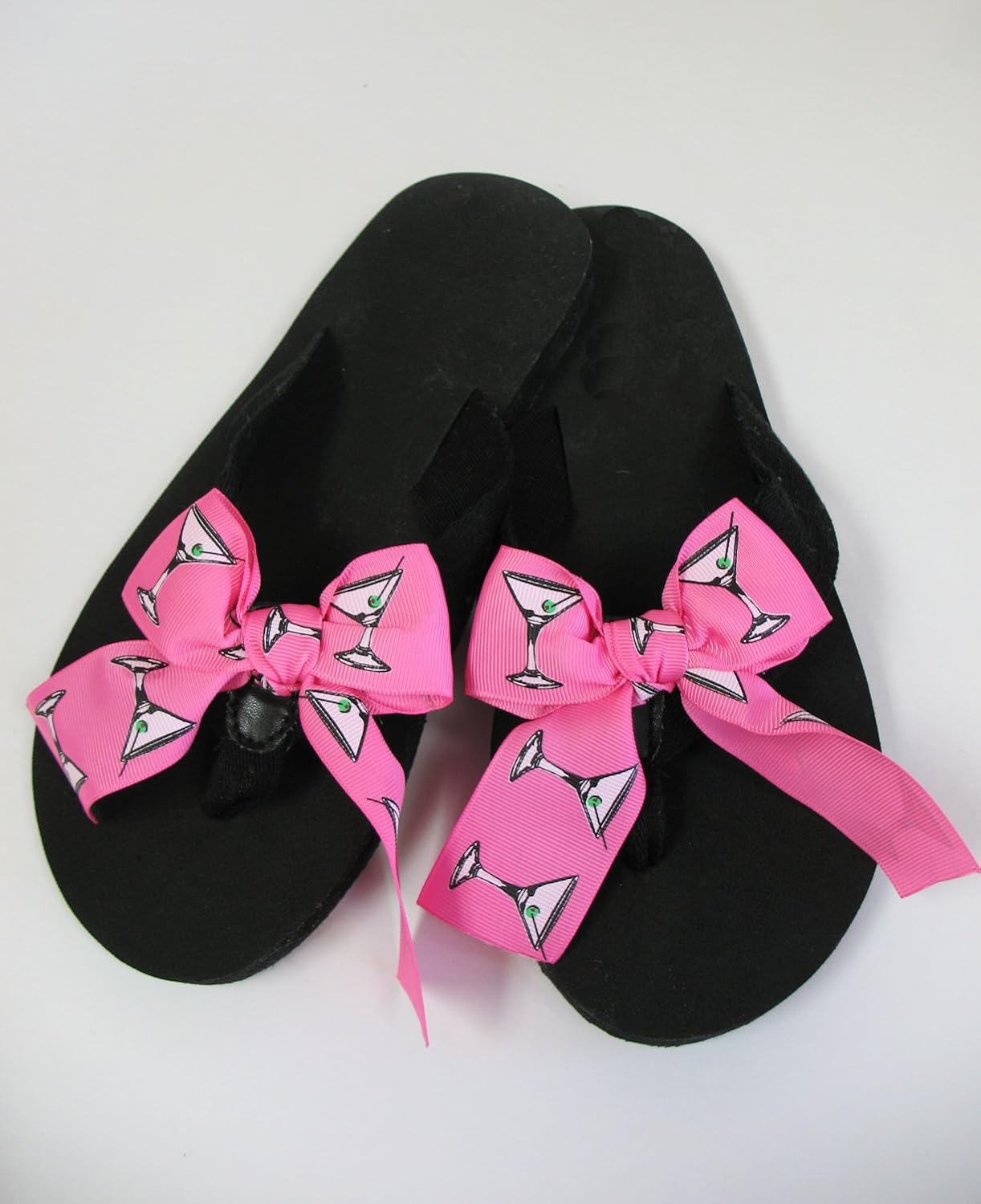 Black Flip Flops with Changeable Martini Ribbon Bows Sandals