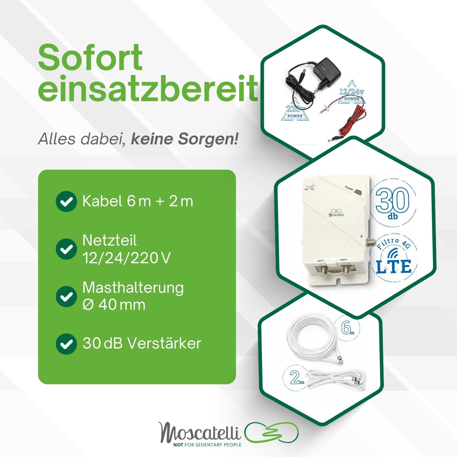 MOSCATELLI Omnidirektionale terrestrische DVB DVBT2 Outdoor Camping Antenne für Wohnmobile und Wohnwagen - 12/24/220V - Kit mit Kabeln, Verstärker und LTE Filter. Wasserdicht, UV-Schutz