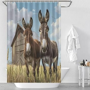 Farmhouse Donkey Animal Shower Curtain, Vintage Country Cottage Bathroom Curtain for Rustic Farmhouse Bath Decor, 36 x 72 in