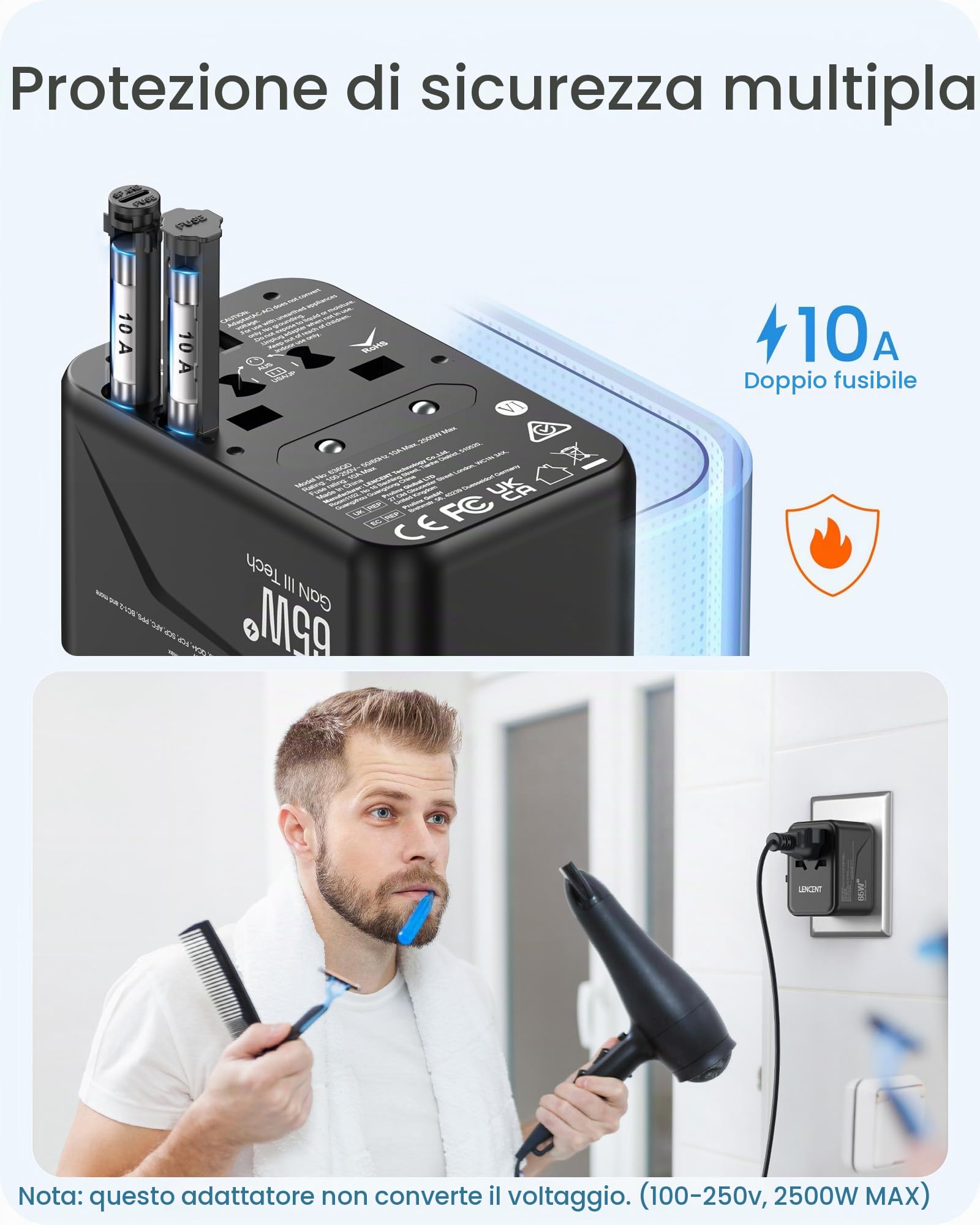 LENCENT Adattatore da Viaggio Universale, GaN3 65W Caricatore Presa | con 2 QC4.0 USB-A+ 2 PD3.0 USB-C PPS a Ricarica Rapida, Adattatore Presa AC in Tutto il Mondo, Spina di USA/UK/EU/AUS
