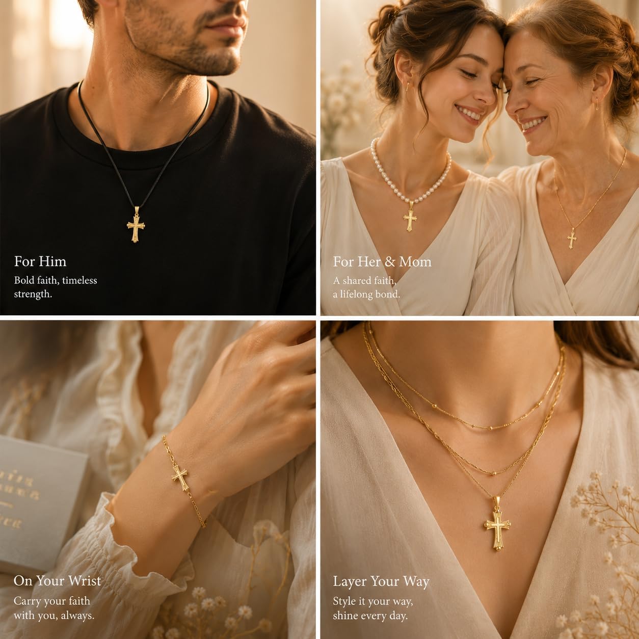 14K Gold Cross Pendant for Women Men, Dainty 3D Layered Cross Charm for Necklaces, High-Polish Mirror Finish Small Religious Christian Jewelry for Necklace Bracelet, Pendant Only